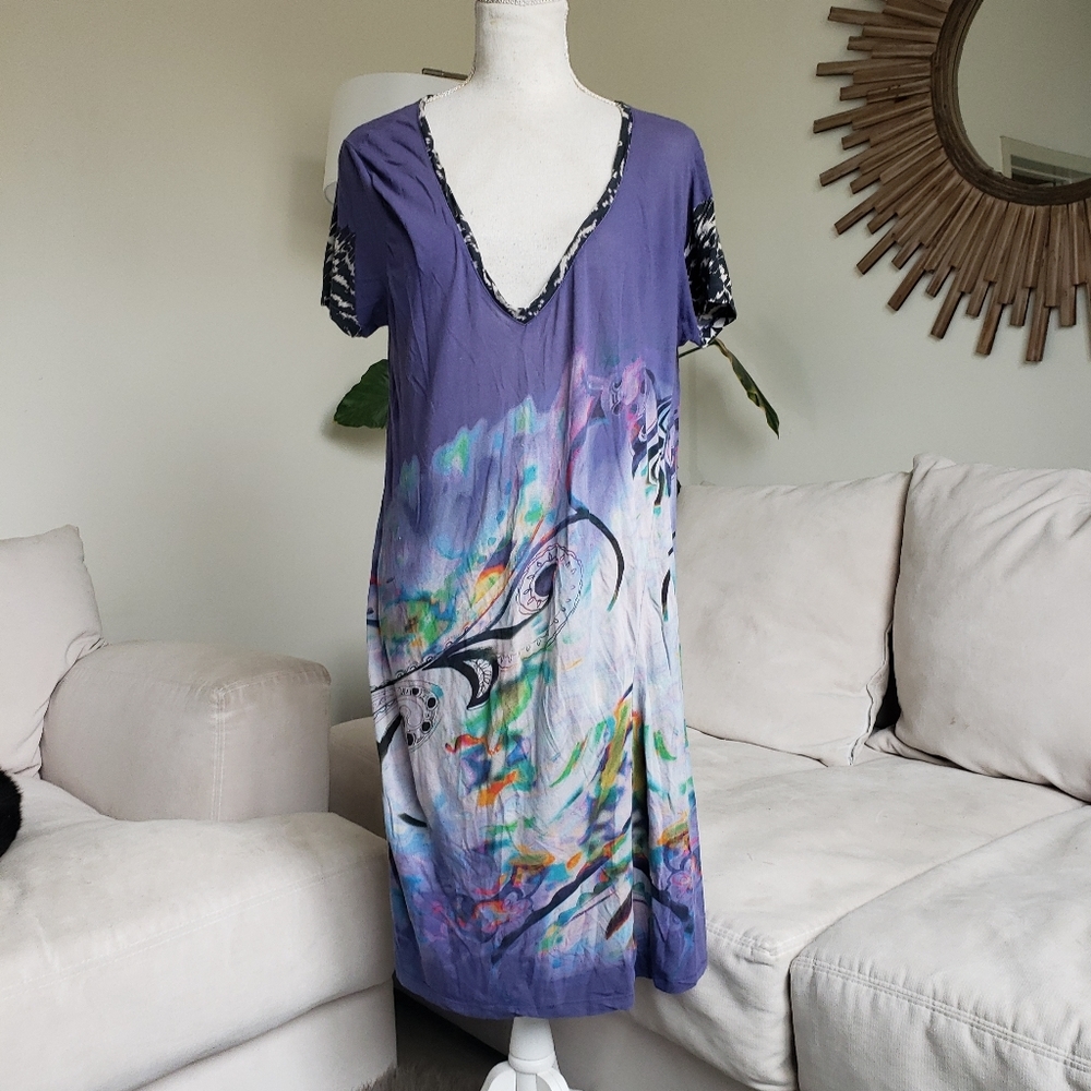 Etro Purple Sheer Printed V Neck Shirt Dress